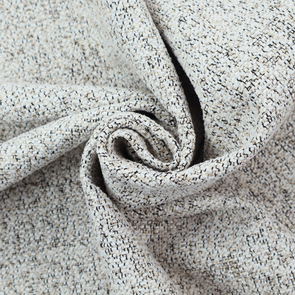 A cream, beige, and charcoal grey woven upholstery fabric swatch.