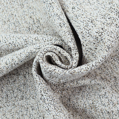 A cream, beige, and charcoal grey woven upholstery fabric swatch.