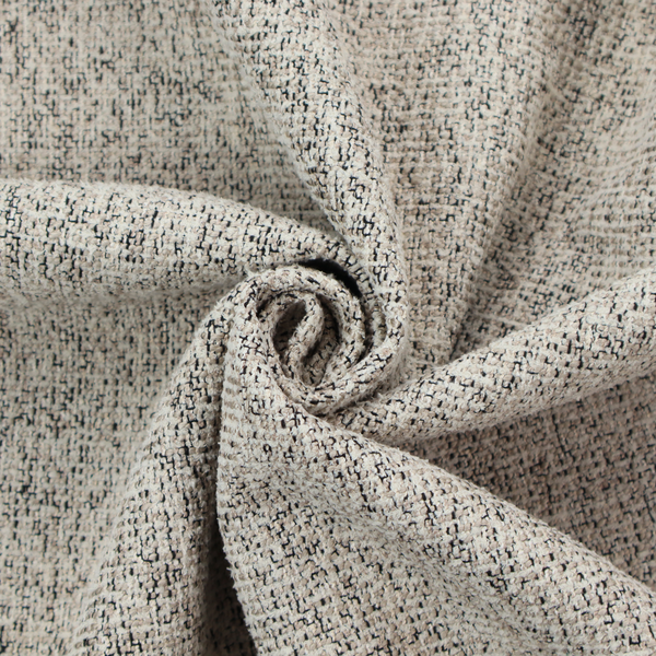 A textured taupe, beige, and charcoal woven fabric swatch.