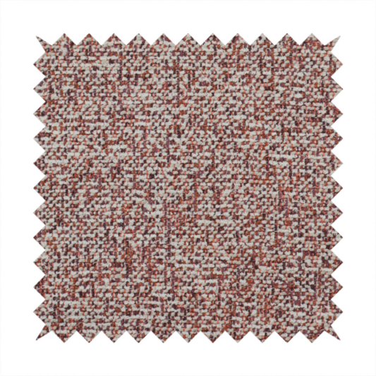 A textured rust red and beige woven upholstery fabric.