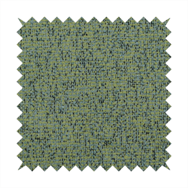 A textured moss green and teal woven upholstery fabric swatch.