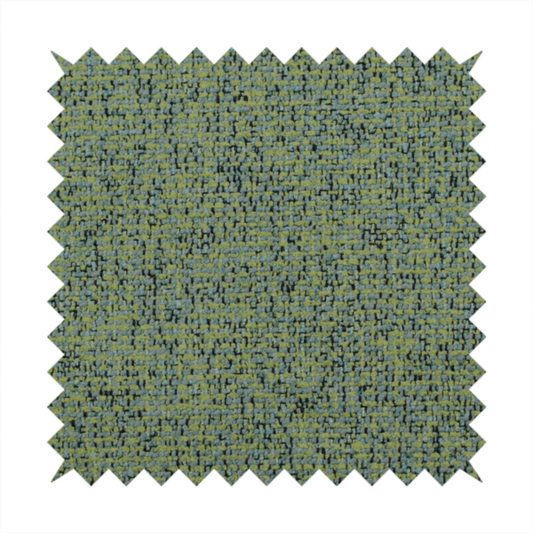 A textured moss green and teal woven upholstery fabric swatch.