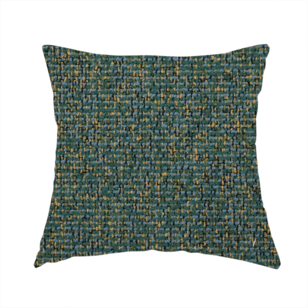 The fabric used to create this handmade cushion is a multi-tonal forest green and gold textured woven fabric swatch.