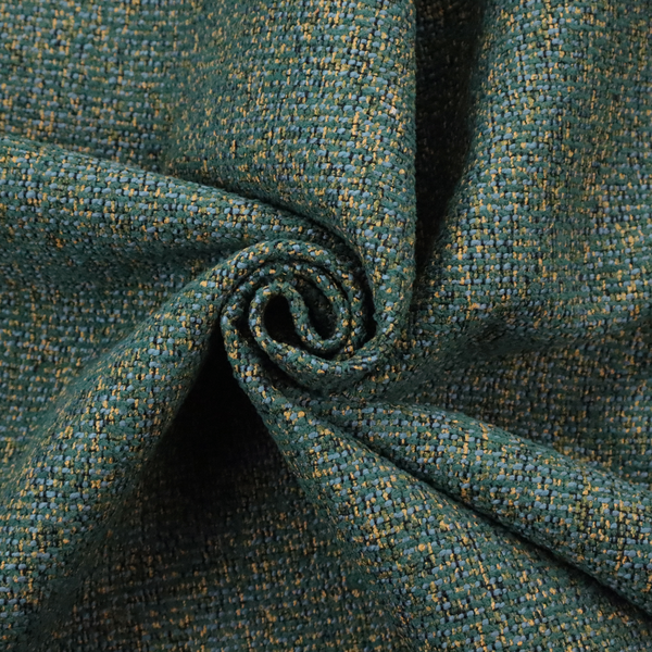 A multi-tonal forest green and gold textured woven fabric swatch.