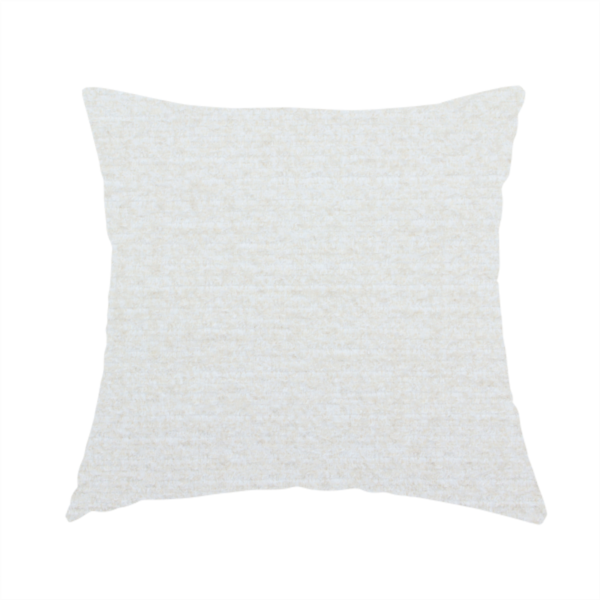 The fabric used to create this handmade cushion is a off-white, finely textured woven upholstery fabric.