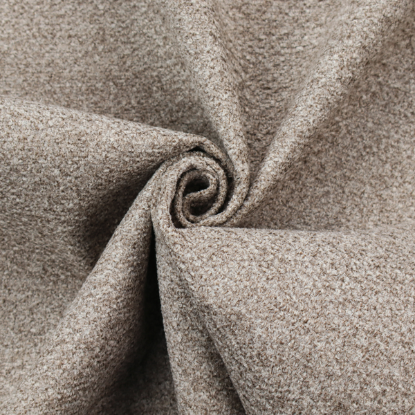 A swatch of taupe, heavily textured upholstery fabric.