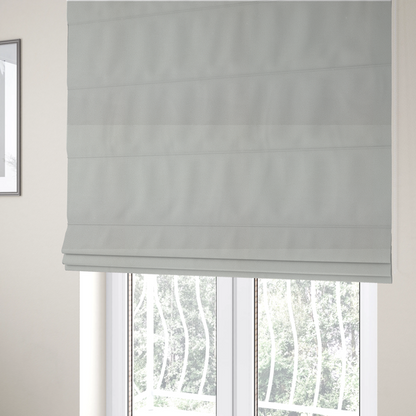 The fabric used to create these Roman blinds is a light grey Merida Suede upholstery fabric. The textile features a highly detailed, dense, and uniform embossed pebbled pattern, giving the soft grey suede material an intricate, tactile shagreen texture.