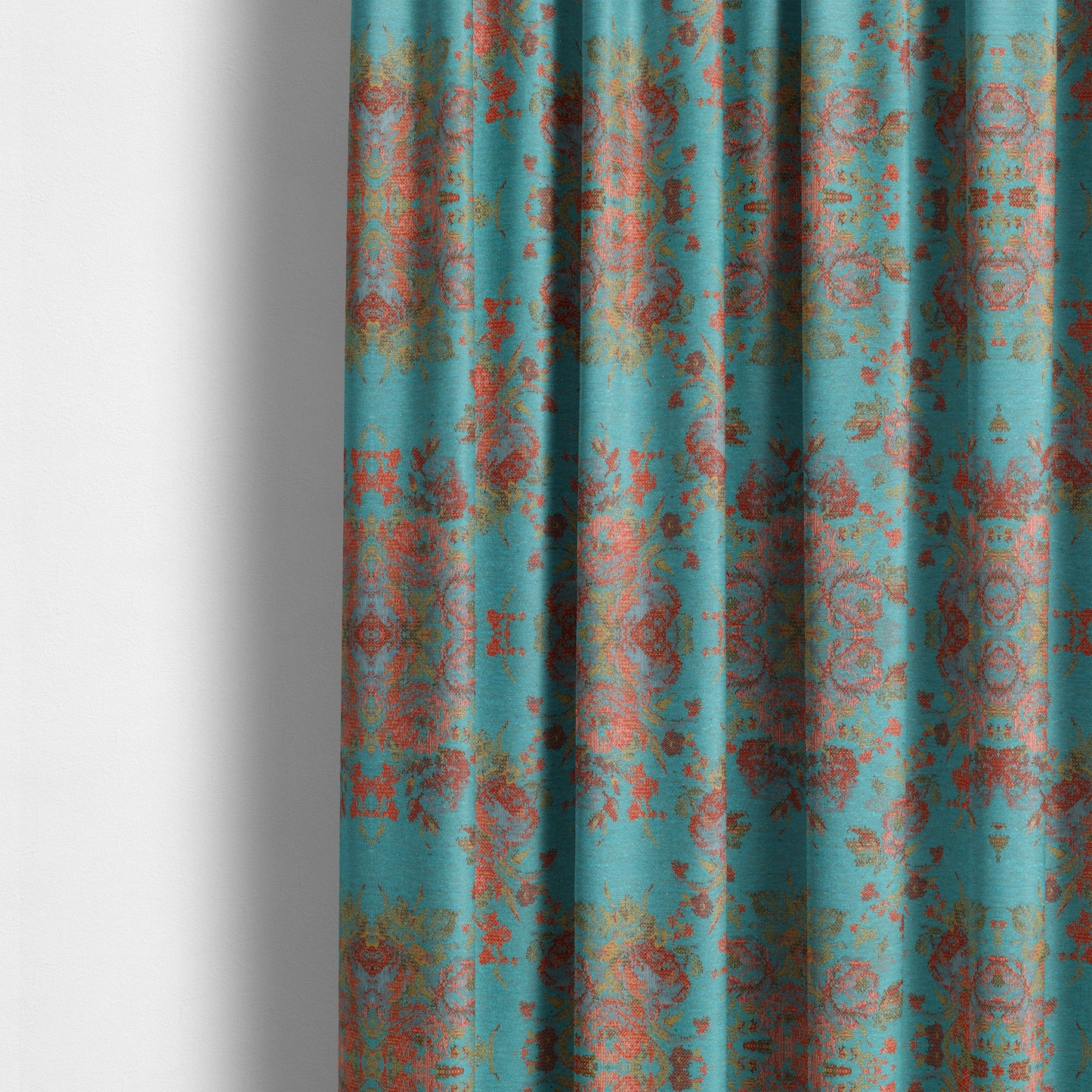 Kuala Collection Of Floral Pattern Heavyweight Chenille Teal Blue Colour Upholstery Fabric CTR-360 - Made To Measure Curtains