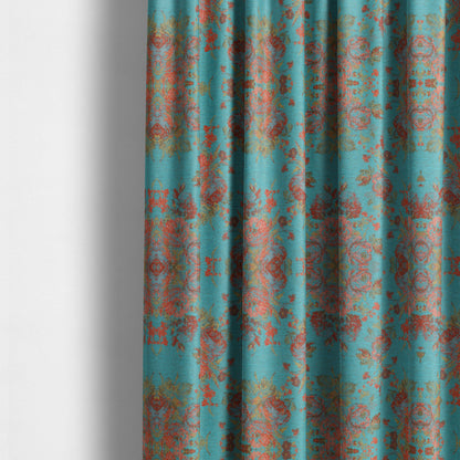 Kuala Collection Of Floral Pattern Heavyweight Chenille Teal Blue Colour Upholstery Fabric CTR-360 - Made To Measure Curtains