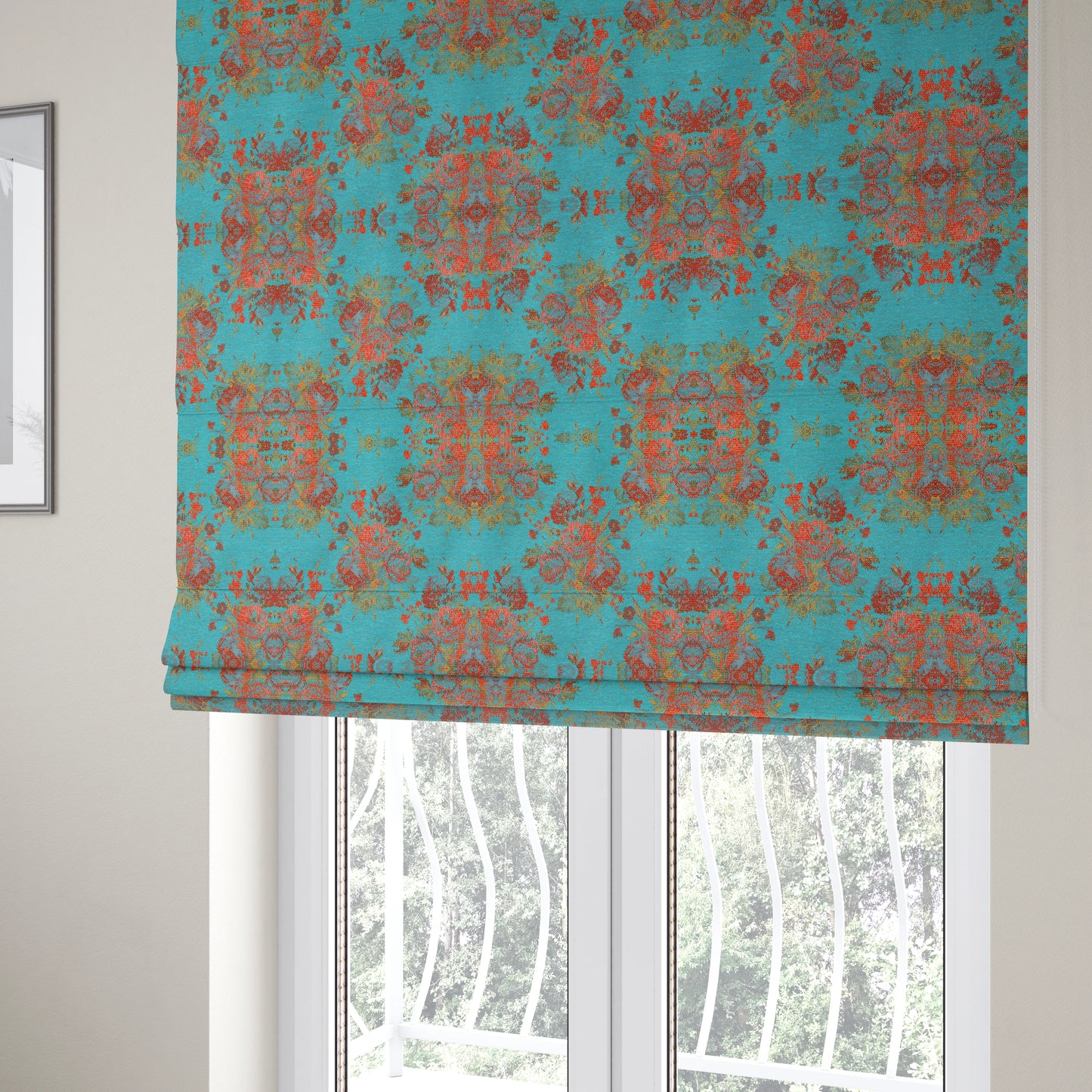 Kuala Collection Of Floral Pattern Heavyweight Chenille Teal Blue Colour Upholstery Fabric CTR-360 - Roman Blinds