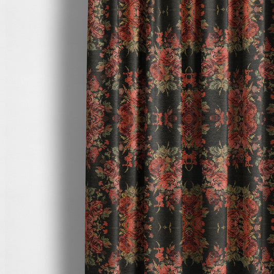 Kuala Collection Of Floral Pattern Heavyweight Chenille Black Colour Upholstery Fabric CTR-362 - Made To Measure Curtains