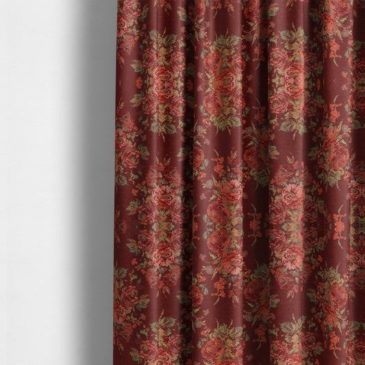 Kuala Collection Of Floral Pattern Heavyweight Chenille Burgundy Red Colour Upholstery Fabric CTR-363 - Made To Measure Curtains