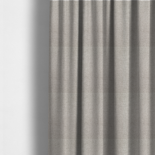 The fabric used to create these made-to-measure curtains is a finely textured weave in a pale silver, heather grey, or light ash tone. The material features a subtle heathered look with finely blended threads of cool grey and white undertones throughout.
