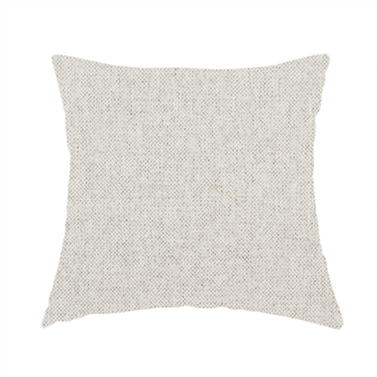 The fabric used to create this handmade cushion is a finely textured weave in a pale cream, ivory, or oatmeal shade. The material features a subtle heathered look with finely blended threads of soft white and light neutral beige undertones throughout.