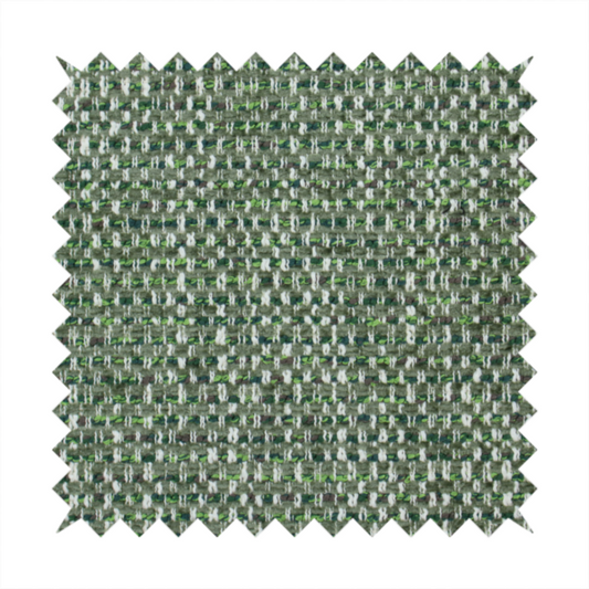 The material features a dense, multi-toned green tweed pattern, intricately interlaced with small flecks of white, bright lime green, and dark brown threads throughout.