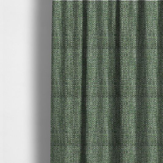 The fabric used to create these made-to-measure curtains is a material features a dense, multi-toned green tweed pattern, intricately interlaced with small flecks of white, bright lime green, and dark brown threads throughout.
