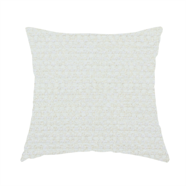 The fabric used to create this handmade cushion is a material features a dense, minimalist weave in a uniform bright cream or off-white colour, highlighting the subtle horizontal texture of the interlaced threads.