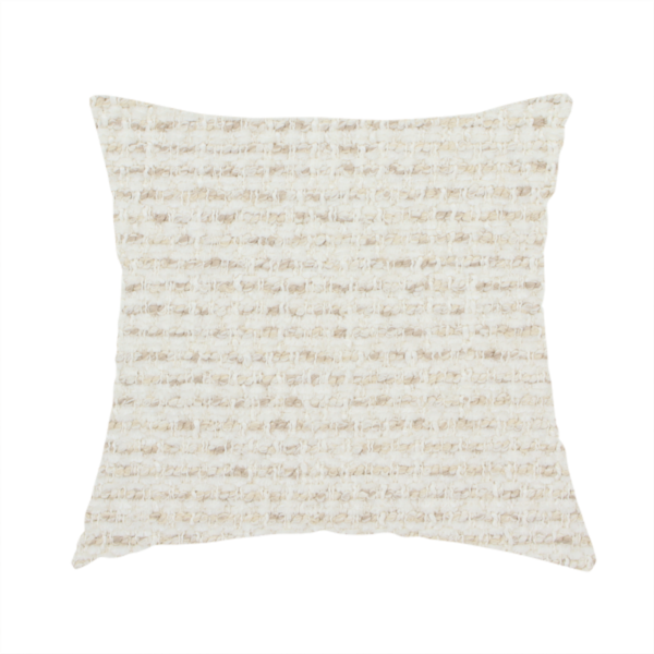 The fabric used to create this handmade cushion is a material features a dense, neutral weave with a light cream base, subtly interlaced with horizontal flecks of soft beige and oatmeal-coloured threads throughout.