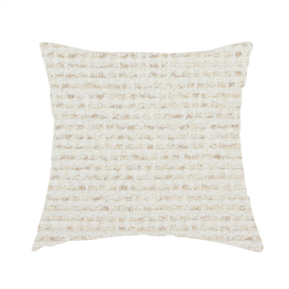 The fabric used to create this handmade cushion is a material features a dense, neutral weave with a light cream base, subtly interlaced with horizontal flecks of soft beige and oatmeal-coloured threads throughout.