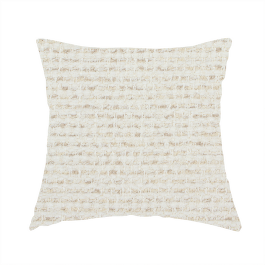 The fabric used to create this handmade cushion is a material features a dense, neutral weave with a light cream base, subtly interlaced with horizontal flecks of soft beige and oatmeal-coloured threads throughout.