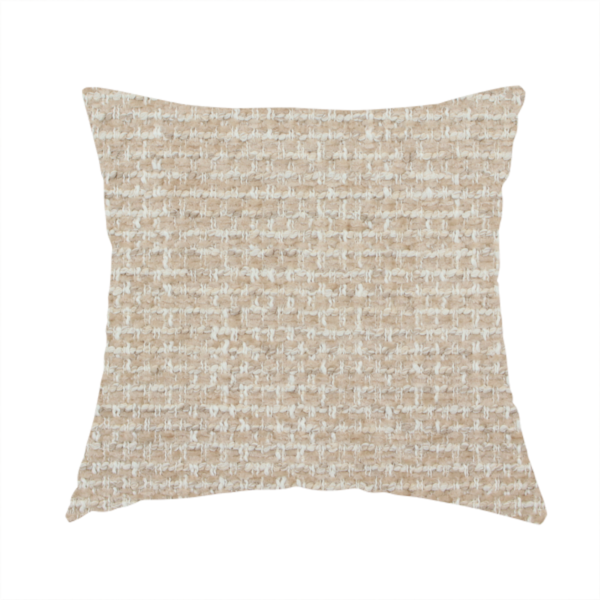 The fabric used to create this handmade cushion is a material features a dense, multi-toned neutral weave with a warm beige and oatmeal base, intricately interlaced with horizontal flecks of crisp white threads throughout.