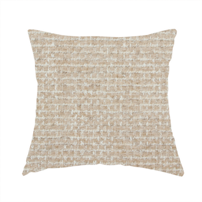 The fabric used to create this handmade cushion is a material features a dense, multi-toned neutral weave with a warm beige and oatmeal base, intricately interlaced with horizontal flecks of crisp white threads throughout.
