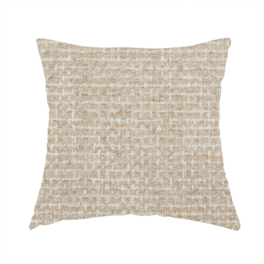 The fabric used to create this handmade cushion is a material features a dense, multi-toned neutral weave with a warm beige and oatmeal base, intricately interlaced with horizontal flecks of crisp white threads throughout.