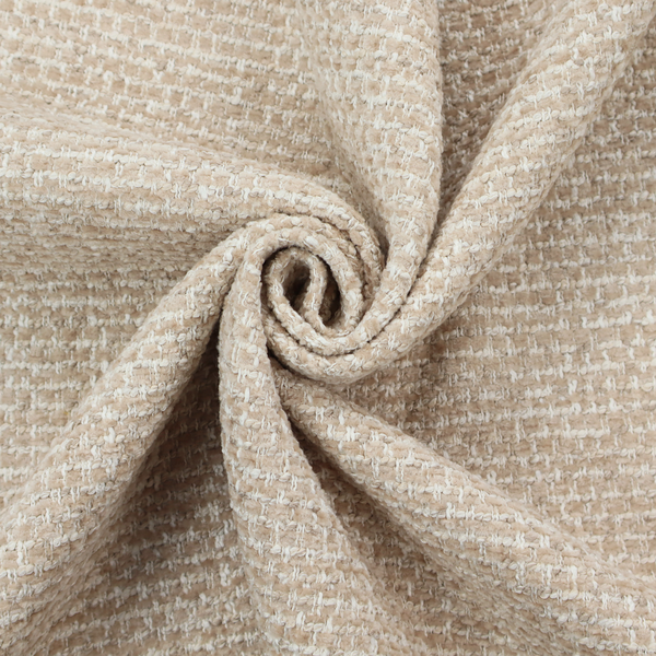 The material features a dense, multi-toned neutral weave with a warm beige and oatmeal base, intricately interlaced with horizontal flecks of crisp white threads throughout.