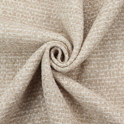 The material features a dense, multi-toned neutral weave with a warm beige and oatmeal base, intricately interlaced with horizontal flecks of crisp white threads throughout.