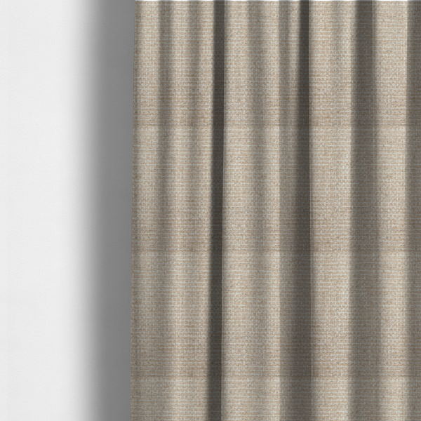 The fabric used to create these made-to-measure curtains is a material features a dense, multi-toned neutral weave with a warm beige and oatmeal base, intricately interlaced with horizontal flecks of crisp white threads throughout.