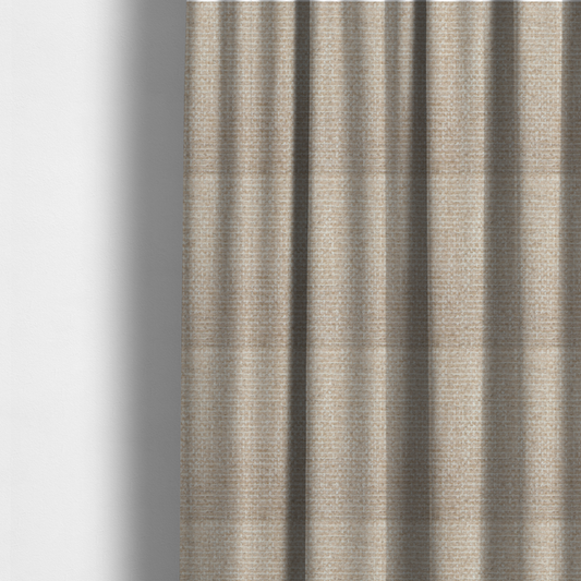 The fabric used to create these made-to-measure curtains is a material features a dense, multi-toned neutral weave with a warm beige and oatmeal base, intricately interlaced with horizontal flecks of crisp white threads throughout.
