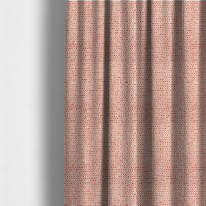 The fabric used to create these made-to-measure curtains is a material features a dense, warm-toned weave with a soft coral pink and peach base, intricately interlaced with horizontal flecks of terracotta red, beige, and white threads throughout.