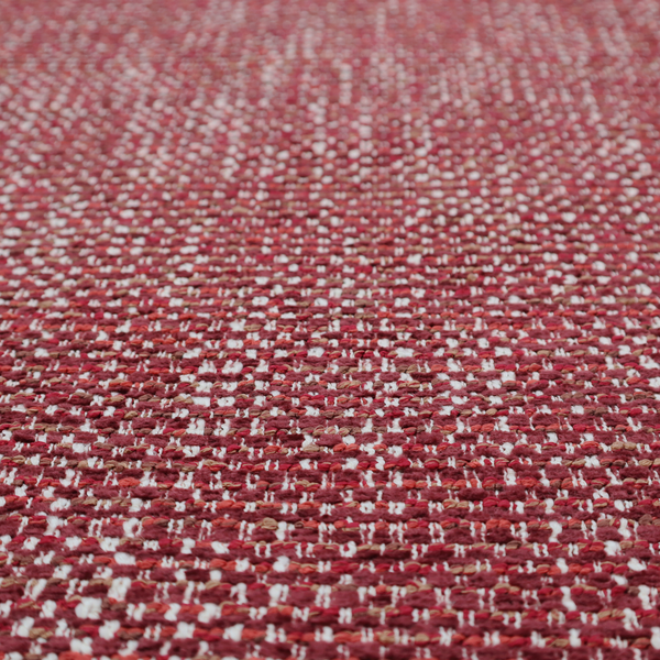 The material features a dense, multi-toned weave with a deep burgundy and rich red base, intricately interlaced with prominent horizontal flecks of crisp white and soft brown threads throughout.