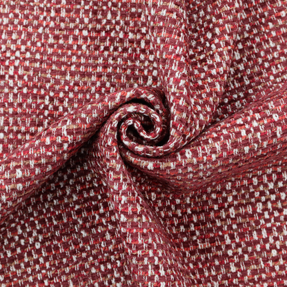 The material features a dense, multi-toned weave with a deep burgundy and rich red base, intricately interlaced with prominent horizontal flecks of crisp white and soft brown threads throughout.
