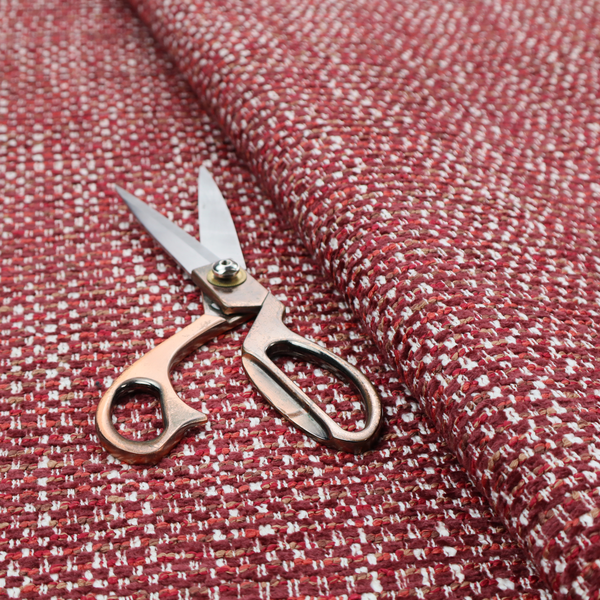 The material features a dense, multi-toned weave with a deep burgundy and rich red base, intricately interlaced with prominent horizontal flecks of crisp white and soft brown threads throughout.