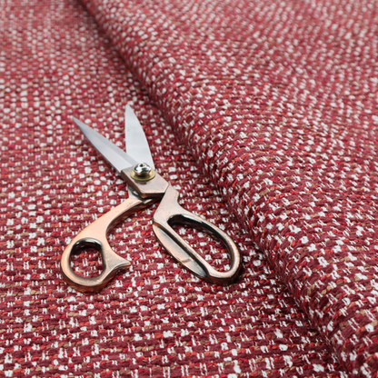 The material features a dense, multi-toned weave with a deep burgundy and rich red base, intricately interlaced with prominent horizontal flecks of crisp white and soft brown threads throughout.