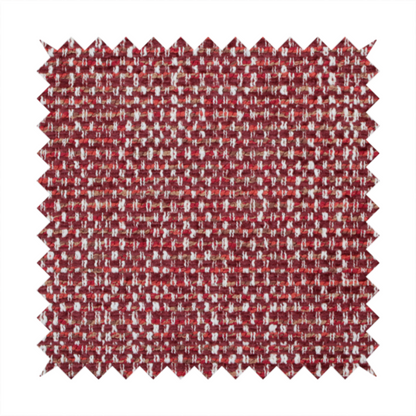 The material features a dense, multi-toned weave with a deep burgundy and rich red base, intricately interlaced with prominent horizontal flecks of crisp white and soft brown threads throughout.