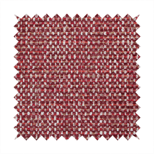 The material features a dense, multi-toned weave with a deep burgundy and rich red base, intricately interlaced with prominent horizontal flecks of crisp white and soft brown threads throughout.