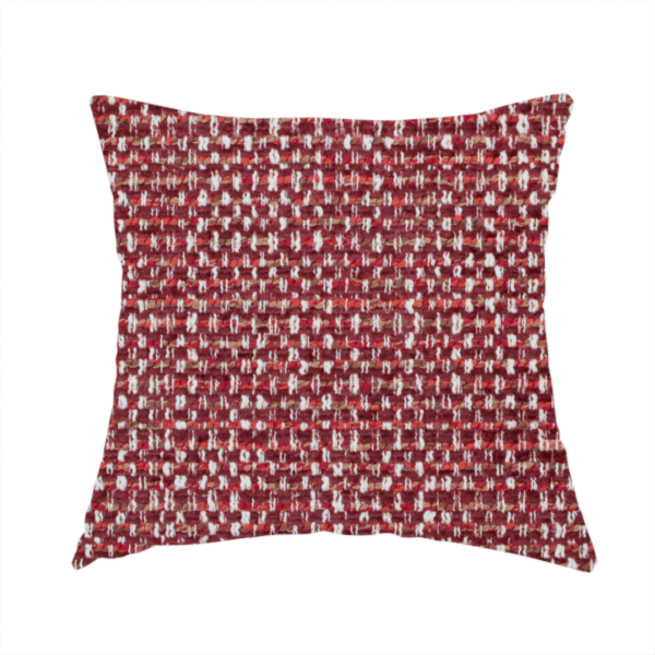 The fabric used to create this handmade cushion is a material features a dense, multi-toned weave with a deep burgundy and rich red base, intricately interlaced with prominent horizontal flecks of crisp white and soft brown threads throughout.