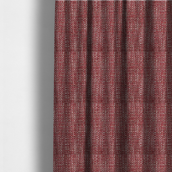 The fabric used to create these made-to-measure curtains is a material features a dense, multi-toned weave with a deep burgundy and rich red base, intricately interlaced with prominent horizontal flecks of crisp white and soft brown threads throughout.