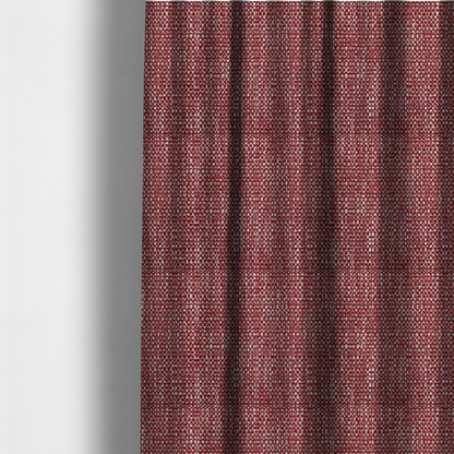 The fabric used to create these made-to-measure curtains is a material features a dense, multi-toned weave with a deep burgundy and rich red base, intricately interlaced with prominent horizontal flecks of crisp white and soft brown threads throughout.