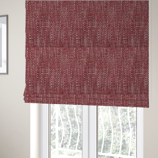 The fabric used to create these Roman blinds is a material features a dense, multi-toned weave with a deep burgundy and rich red base, intricately interlaced with prominent horizontal flecks of crisp white and soft brown threads throughout.
