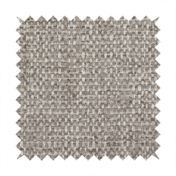 The material features a dense, multi-toned weave with a cool taupe and light brown base, intricately interlaced with horizontal flecks of cream and off-white threads throughout.