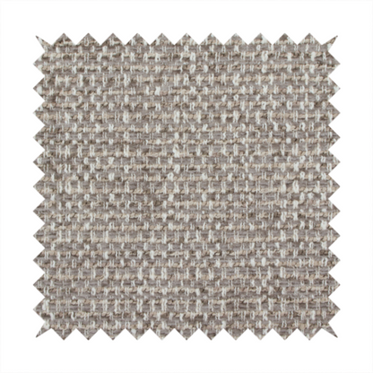 The material features a dense, multi-toned weave with a cool taupe and light brown base, intricately interlaced with horizontal flecks of cream and off-white threads throughout.