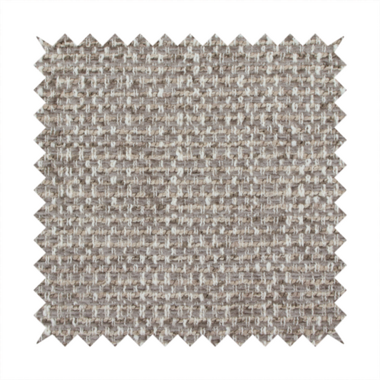 The material features a dense, multi-toned weave with a cool taupe and light brown base, intricately interlaced with horizontal flecks of cream and off-white threads throughout.