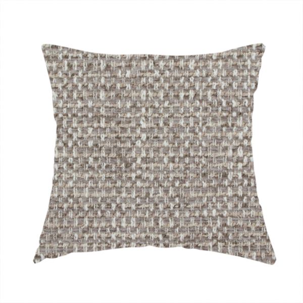 The fabric used to create this handmade cushion is a material features a dense, multi-toned weave with a cool taupe and light brown base, intricately interlaced with horizontal flecks of cream and off-white threads throughout.
