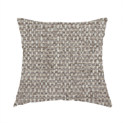 The fabric used to create this handmade cushion is a material features a dense, multi-toned weave with a cool taupe and light brown base, intricately interlaced with horizontal flecks of cream and off-white threads throughout.