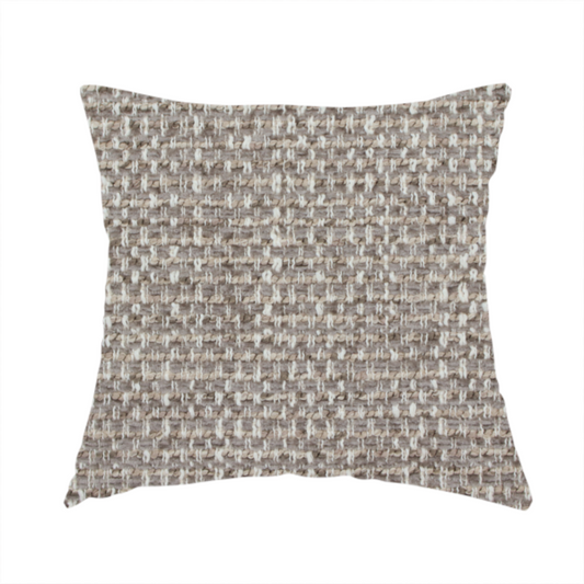 The fabric used to create this handmade cushion is a material features a dense, multi-toned weave with a cool taupe and light brown base, intricately interlaced with horizontal flecks of cream and off-white threads throughout.