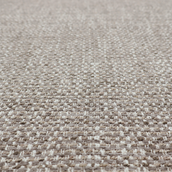 The material features a dense, multi-toned weave with a cool taupe and light brown base, intricately interlaced with horizontal flecks of cream and off-white threads throughout.