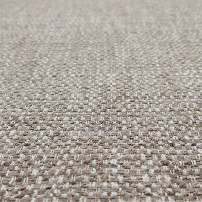The material features a dense, multi-toned weave with a cool taupe and light brown base, intricately interlaced with horizontal flecks of cream and off-white threads throughout.